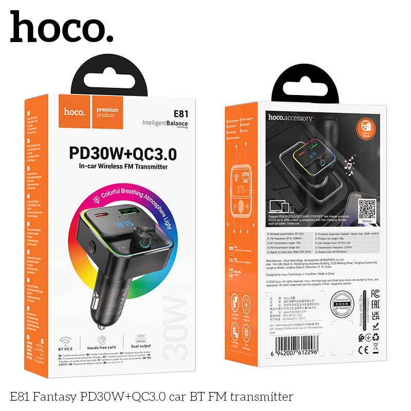 Hoco E81 Fantasy PD30W+QC3.0 car BT FM transmitter