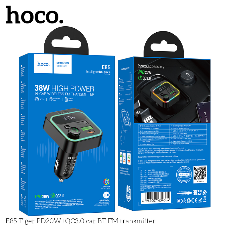 Hoco E85 Tiger PD20W+QC3.0 car BT FM transmitter