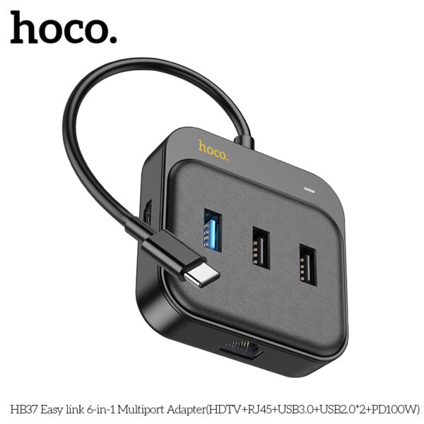 Hoco HB37 Easy link 6-in-1 Multiport Adapter(HDTV+RJ45+USB3.0+USB2.0*2+PD100W) - Image 3
