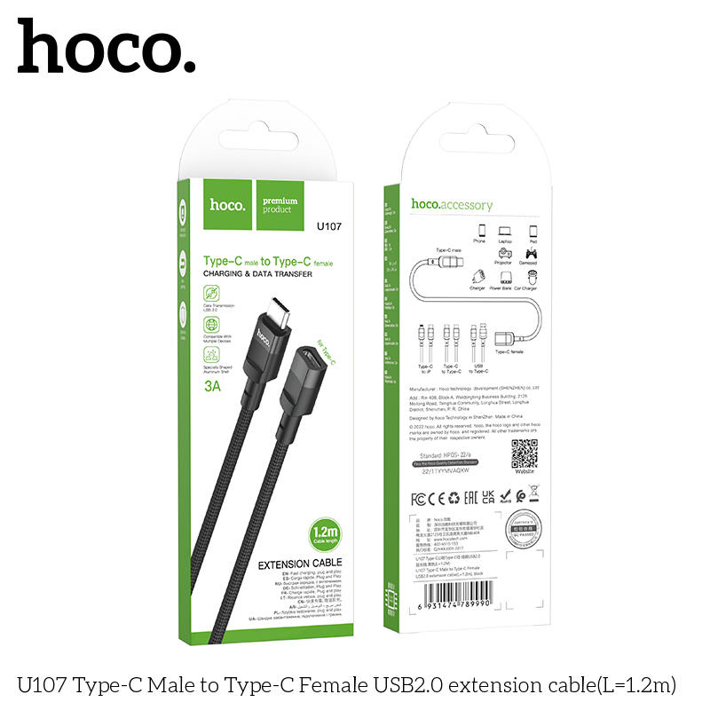 Hoco U107 Type-C Male to Type-C Female USB2.0 extension cable(L=1.2m - Image 2