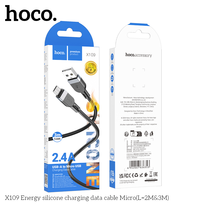 Hoco X109 Energy silicone charging data cable Micro(L=3M) - Image 2