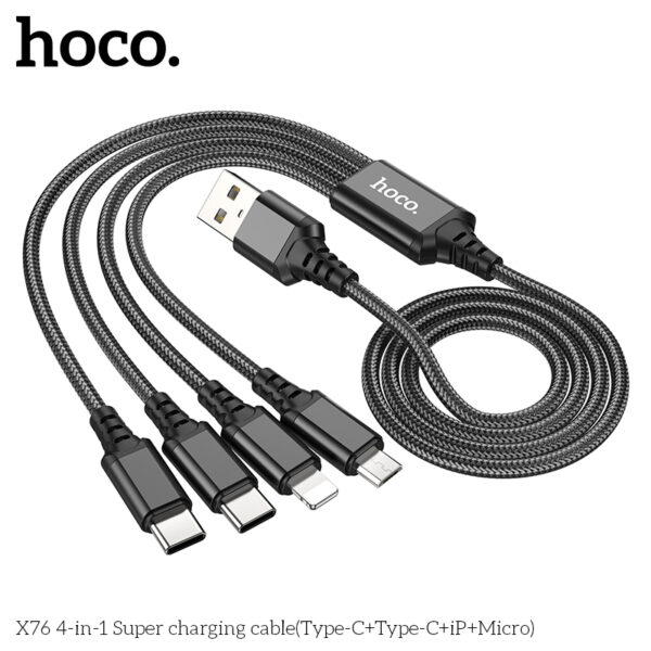 Hoco X76 4-in-1 Super charging cable(Type-C+Type-C+iP+Micro)