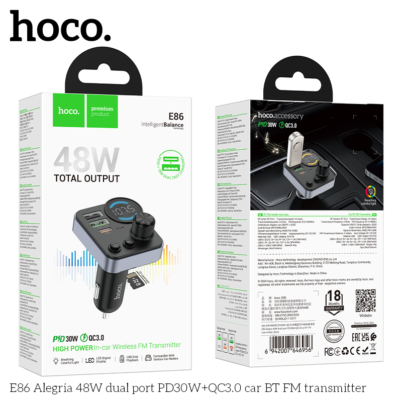 Hoco E86 Alegria 48W dual port PD30W+QC3.0 car BT FM transmitter — изображение 2