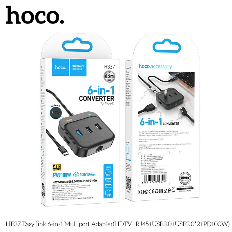 Hoco HB37 Easy link 6-in-1 Multiport Adapter(HDTV+RJ45+USB3.0+USB2.0*2+PD100W) - Image 2