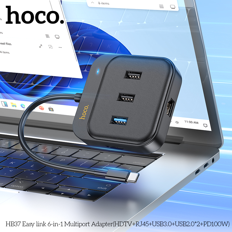 Hoco HB37 Easy link 6-in-1 Multiport Adapter(HDTV+RJ45+USB3.0+USB2.0*2+PD100W) - Image 3