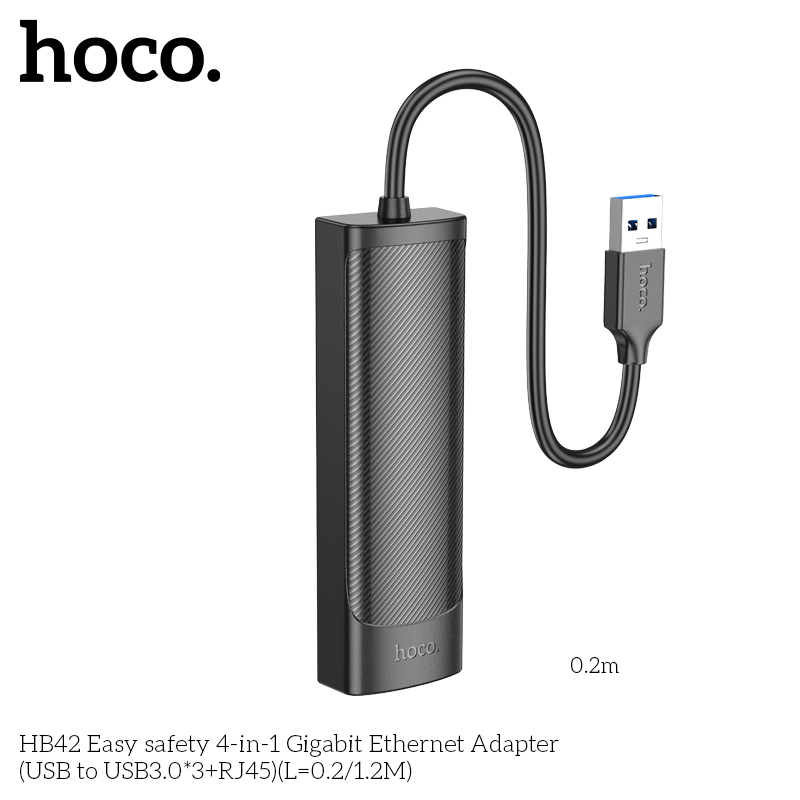 Hoco HB42 Easy safety 4-in-1 Gigabit Ethernet Adapter(USB to USB3.0*3+RJ45)(L=0.2M)