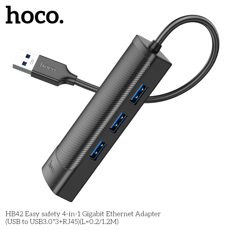 Hoco HB42 Easy safety 4-in-1 Gigabit Ethernet Adapter(USB to USB3.0*3+RJ45)(L=0.2M) - Image 3