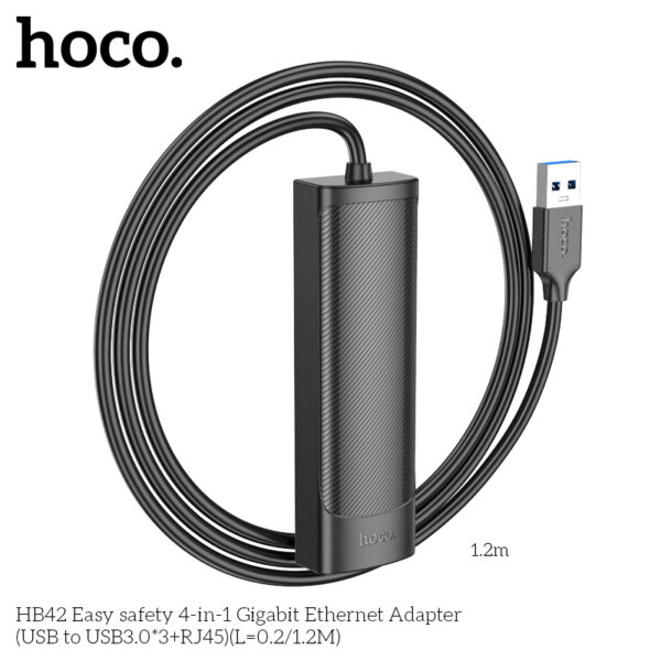 Hoco HB42 Easy safety 4-in-1 Gigabit Ethernet Adapter(USB to USB3.0*3+RJ45)(L=1.2M) - Image 3