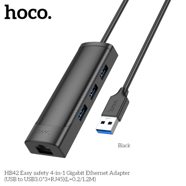 Hoco HB42 Easy safety 4-in-1 Gigabit Ethernet Adapter(USB to USB3.0*3+RJ45)(L=1.2M)