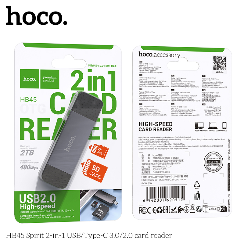 Hoco HB45 Spirit 2-in-1 USB/Type-C 2.0 card reader - Image 2
