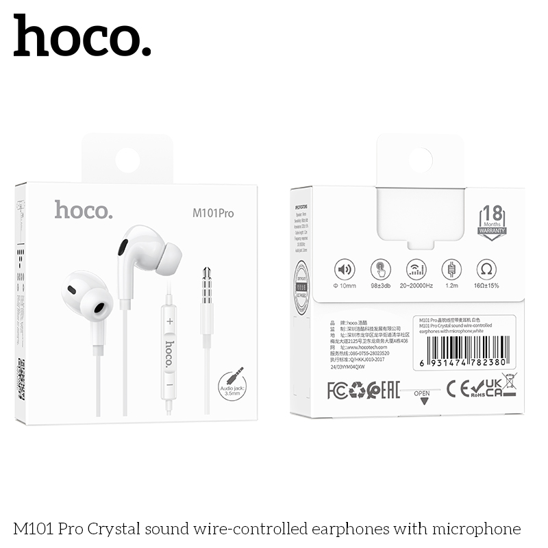Hoco M101 Pro White wire-controlled earphones with microphone - Image 2